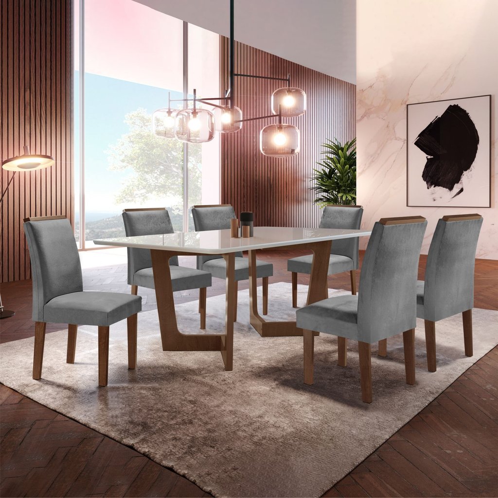 Conjunto Sala de Jantar Nápoles Tampo Vidro/MDF com 6 Cadeiras Luísa Smart Plus Chocolate/Off White/Cinza