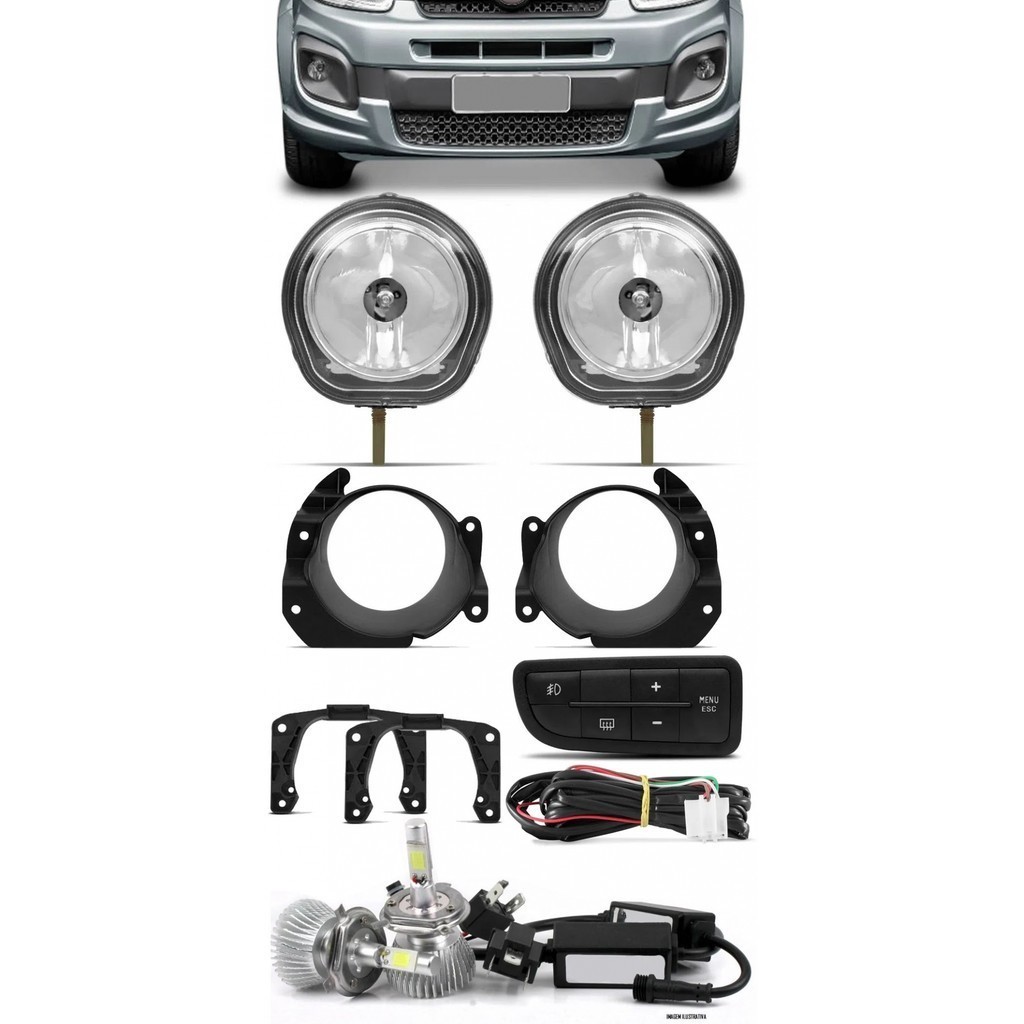 Kit Farol de Milha Neblina Fiat Novo Uno Botão Painel + Kit Lâmpada Super LED 6000K