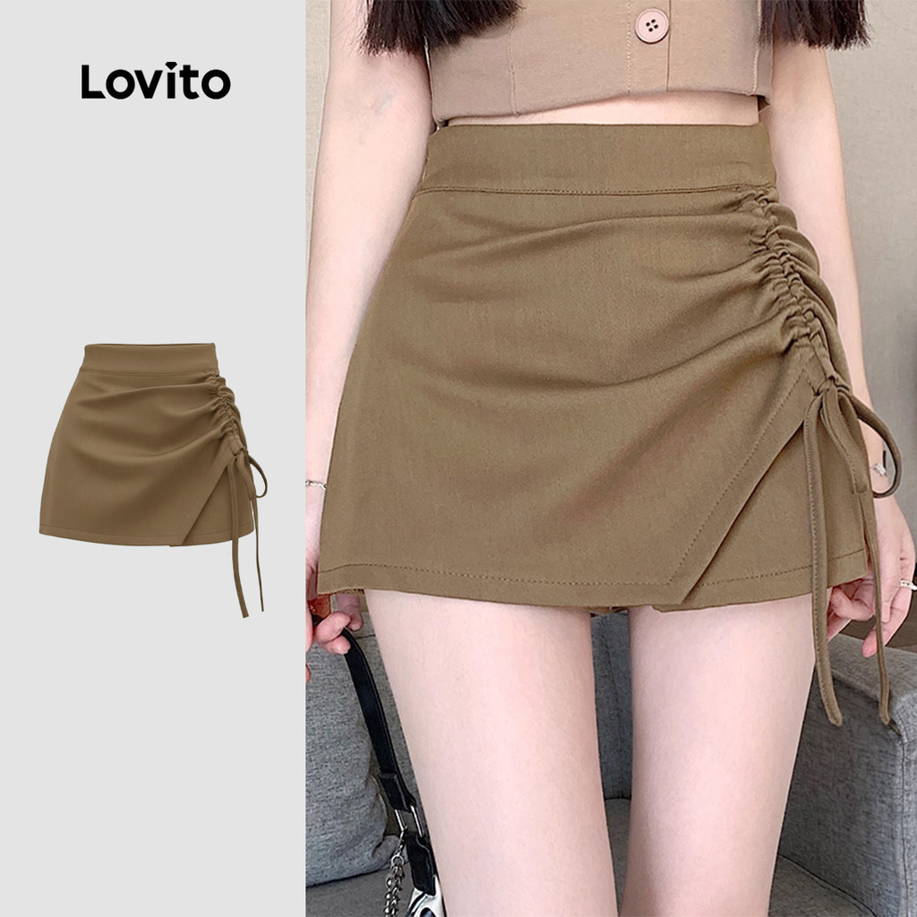 Lovito Casual Shorts Femininos Para O Dia a Dia Com Cordão E Zíper Na Cor Cáqui 