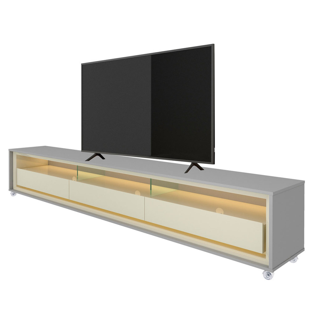 Rack para Sala Requinte TV 65 Polegadas com LED MDF Rodizio 3 gavetas Cinza com Off White - Gelius Móveis
