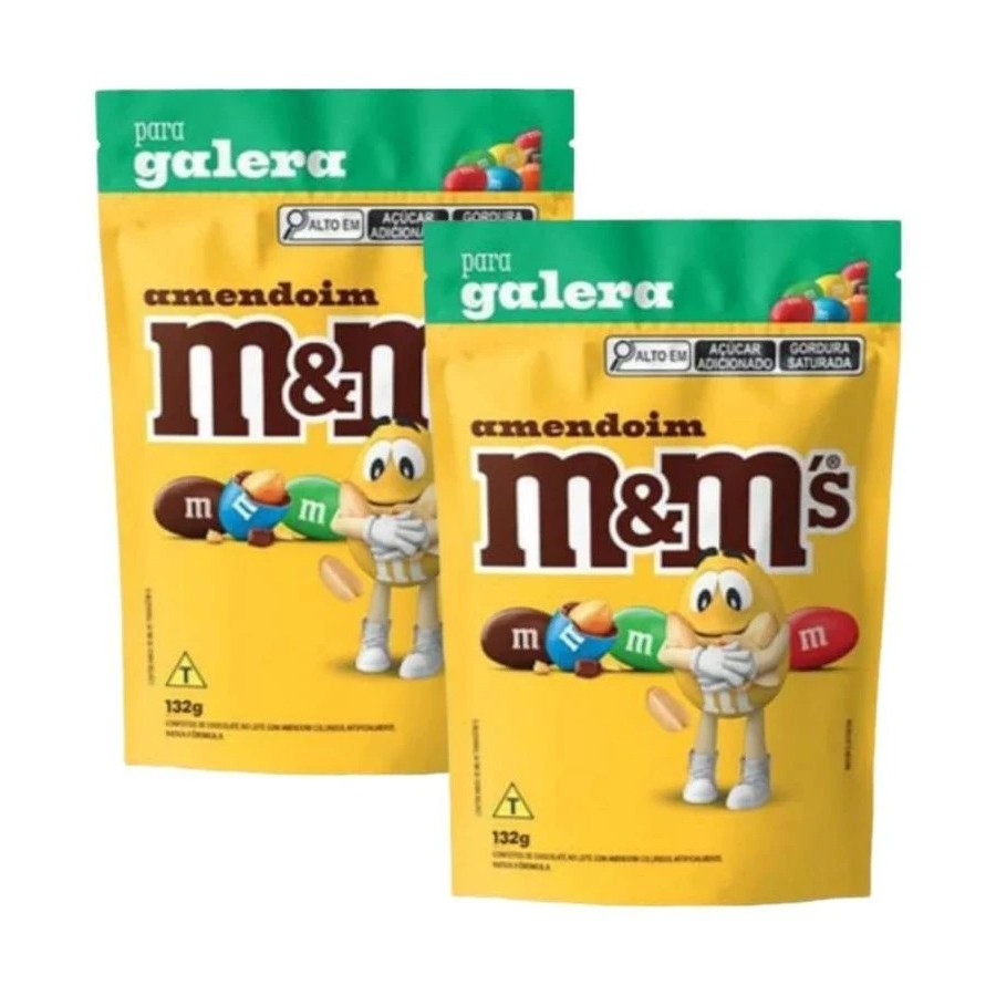 Kit 2 Chocolate Confeito M&Ms Pouch 132g Chocolate e Amendoim Mars MMs M&M's