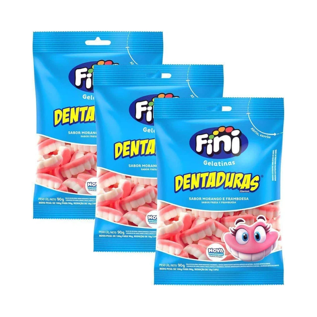 Kit 03 Fini Chiclete Dentadura 80g Sabor Morango e Framboesa