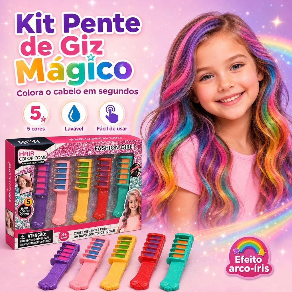 Kit Pinta Cabelo Menina Blogueira 5 Cores, Brinquedo Menina, Mechas Coloridas, Kit Menina Pinta Cabelo, Make Infantil