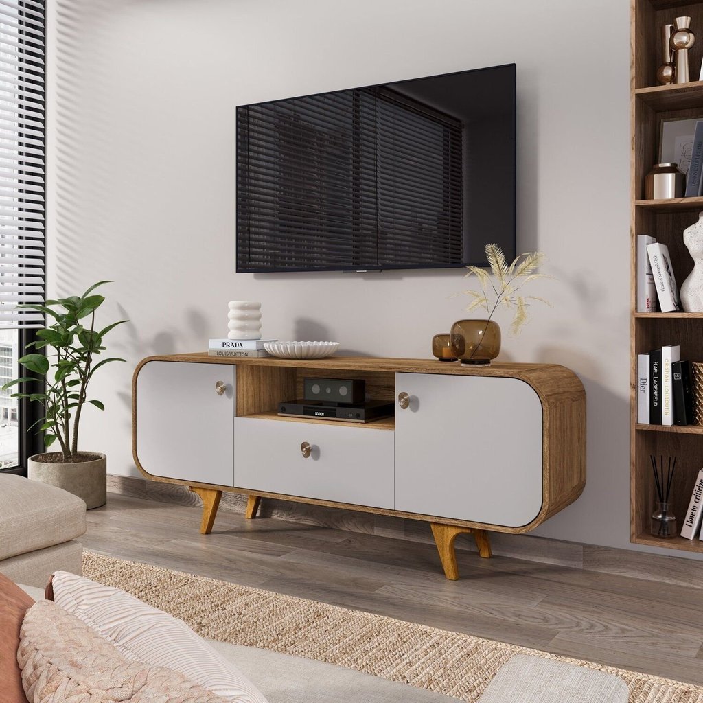Rack para TV até 55 Polegadas 156cm Pés em Madeira Maciça Cantos Arredondados Noronha Marrom Cinamomo/Off-White
