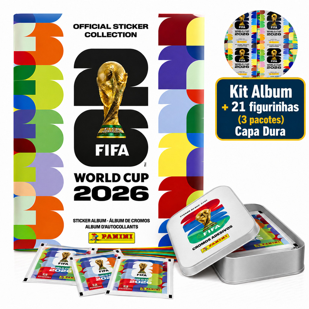 Album Oficial Copa do Mundo 2026  + Lata Pocket Original Panini + Album Capa Dura + 21 Figurinhas
