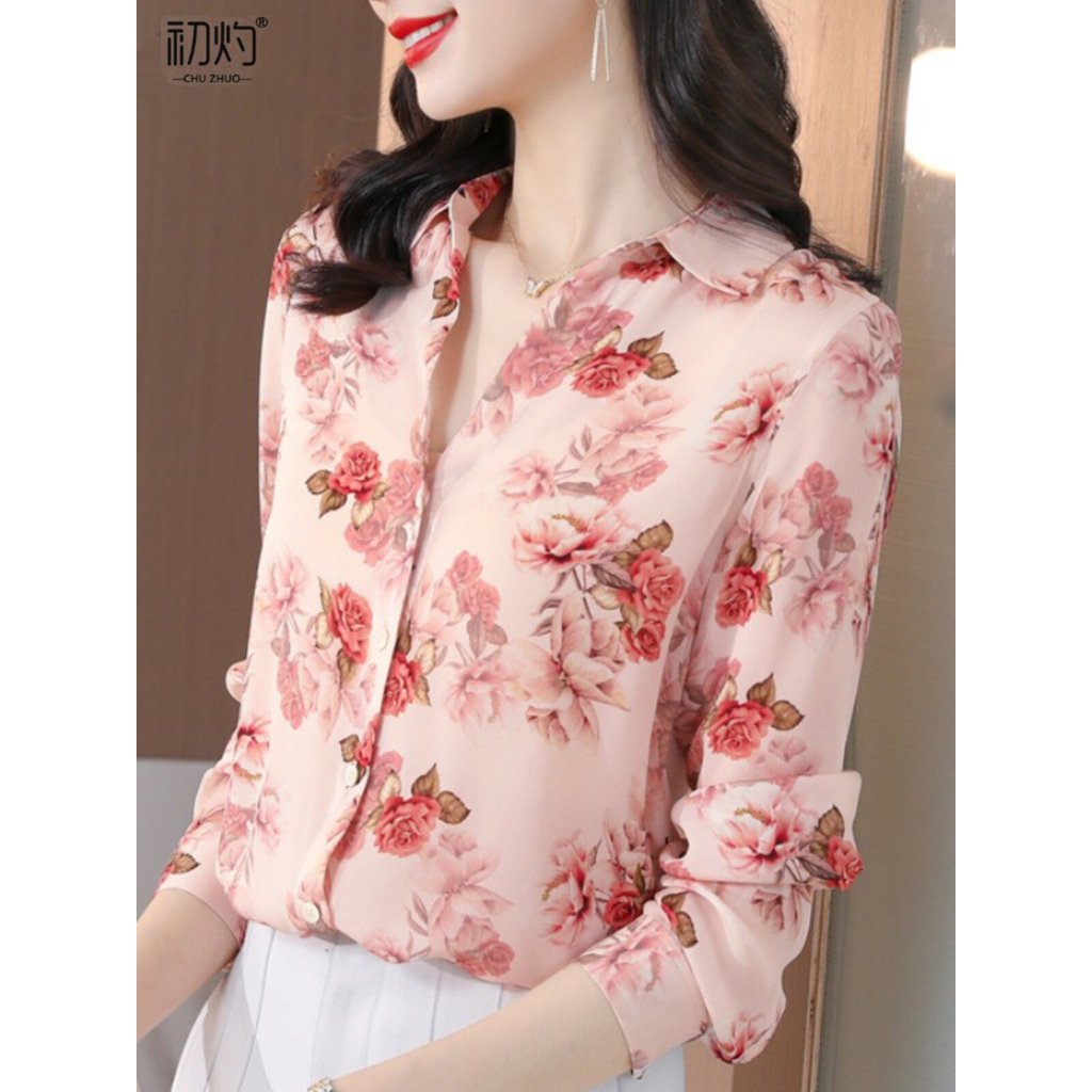 Estilo ocidental reduzindo a idade Floral Chiffon camisa feminina primavera outono manga comprida temperamento topo fran
