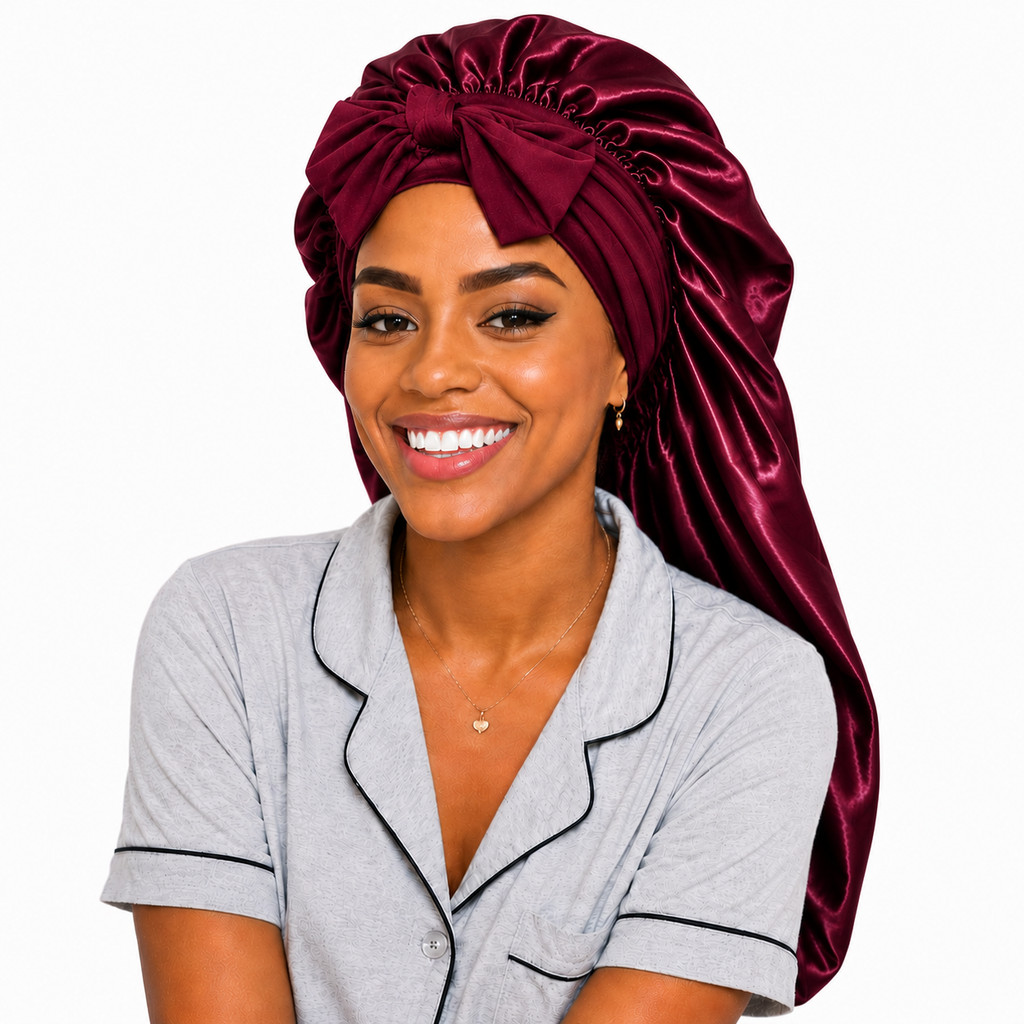 Touca de Cetim Dupla Face Longa com Faixa  Laço Toca de Cetim para Cabelos Longos Box Braids