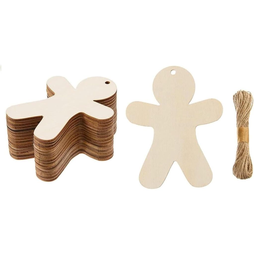 30pcs Christmas Gingerbread Man Ornaments Unfinished Wooden Embellishments Blank Wood Slices Wooden Cutouts for Xmas DIY