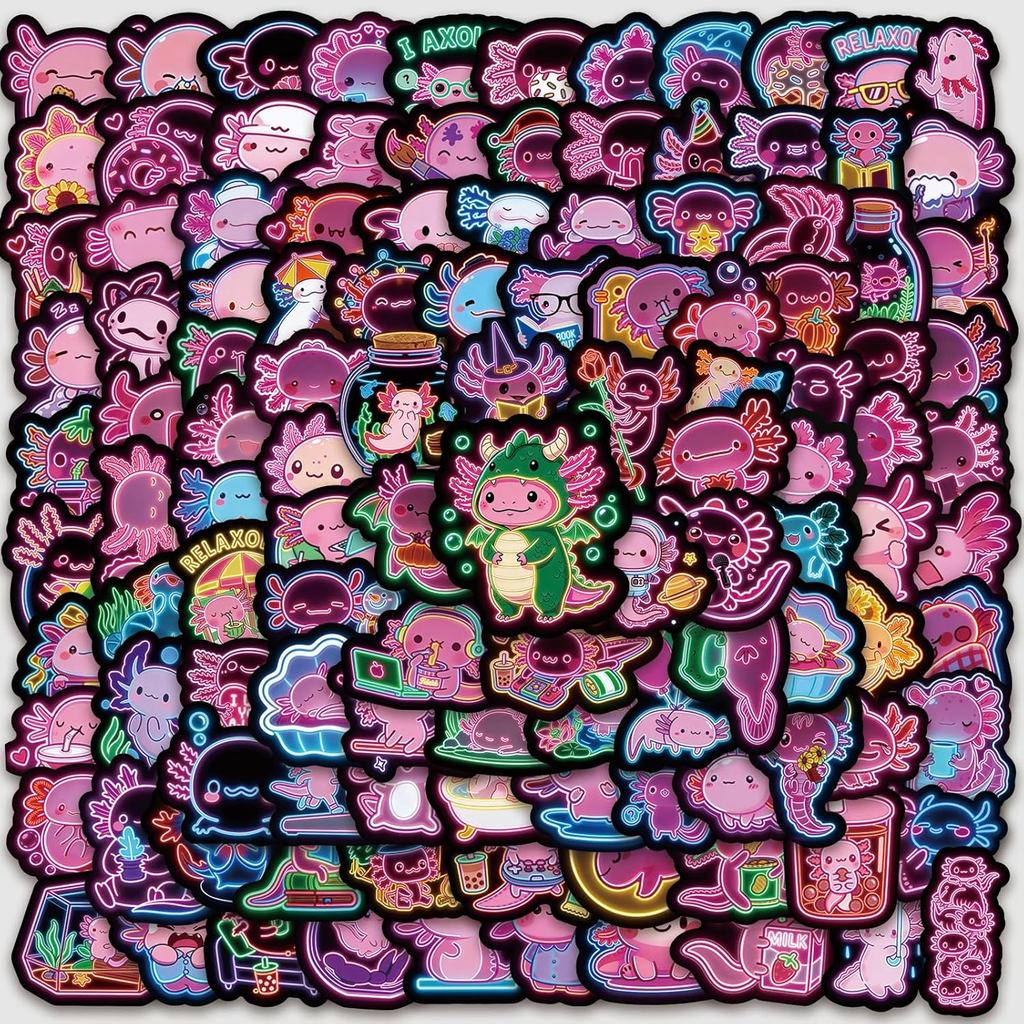 120 Adesivos de Axolote Neon, Adesivos de Vinil de Salamandra em Estilo Cartoon Fofo para Laptop, Garrafa de Água - Deca