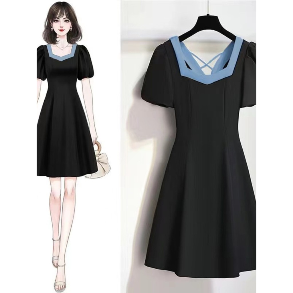 Preto Hepburn estilo Premium vestido feminino 2026 verão novo estilo elegante estilo francês quadrado pescoço capa barri