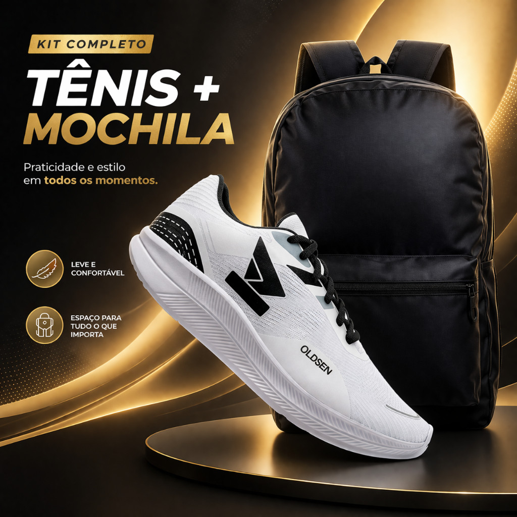 kit tênis masculino esportivo confortável + mochila notebook espaçosa leve academia dia a dia