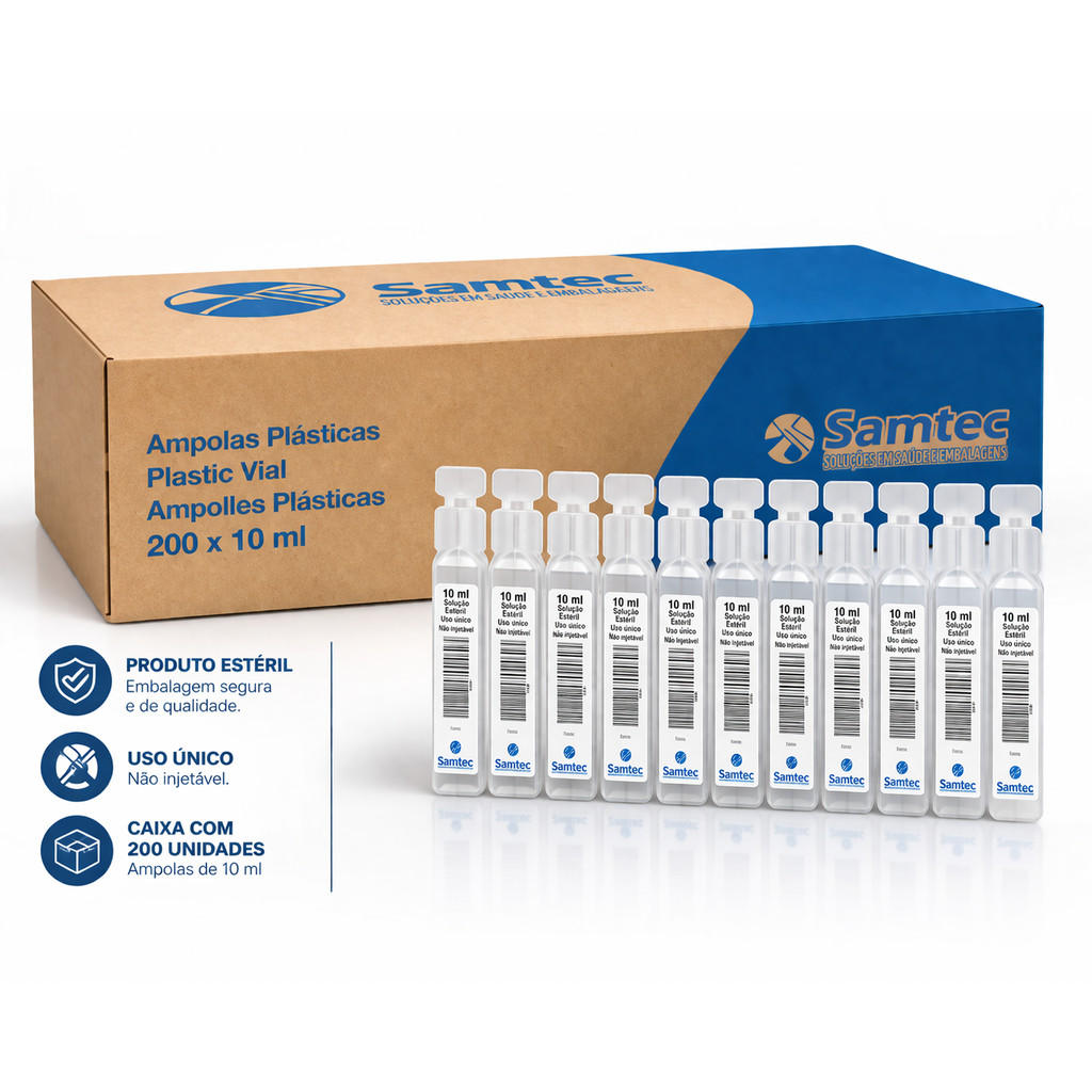 50 Ampolas Soro Fisiológico Samtec 0,9% Estéreis de 10ml Unidose