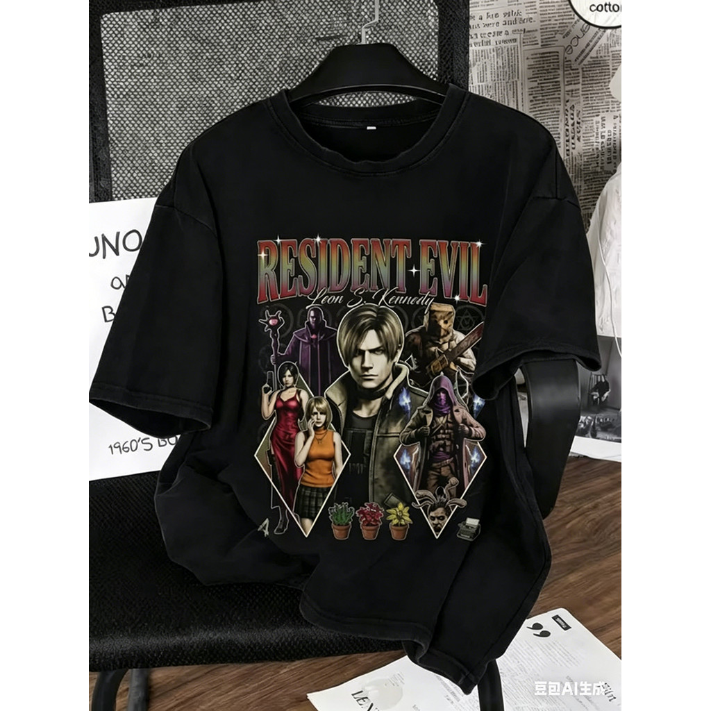 Camiseta Masculina Feminina Oversized Estampa Resident Evil Personagens Leon Kennedy Ada Wong Jogo Biohazard T-shirt