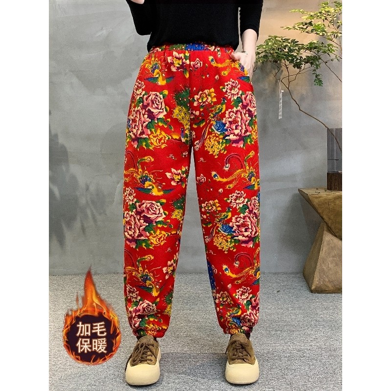 Nordeste grande flor velo-calças de lã das mulheres dos homens frito rua estilo étnico tornozelo-Legging calças traje de