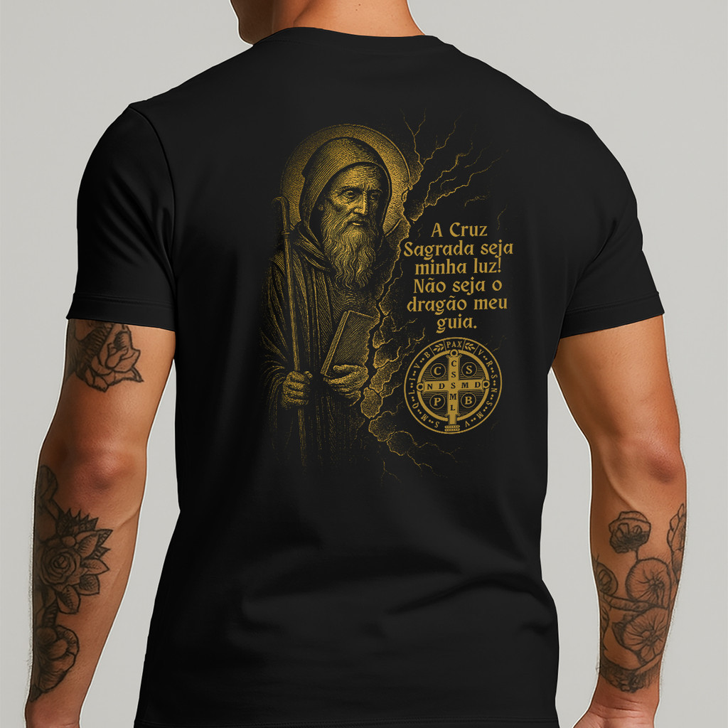 Camisa Masculina Medalha São Bento A Cruz Sagrada Algodão Premium Macio E Leve
