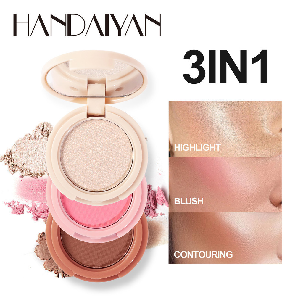 Paleta de Maquiagem Facial Multifuncional 3 em 1 para Mulheres com Iluminador Matte, Blush e Contorno Perolado Brilhante