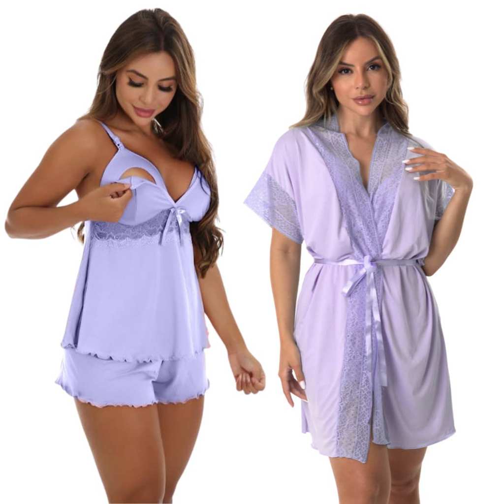 Para Mamães: Robe e Baby Doll de Amamentação Pós Parto Saída Maternidade Gestante