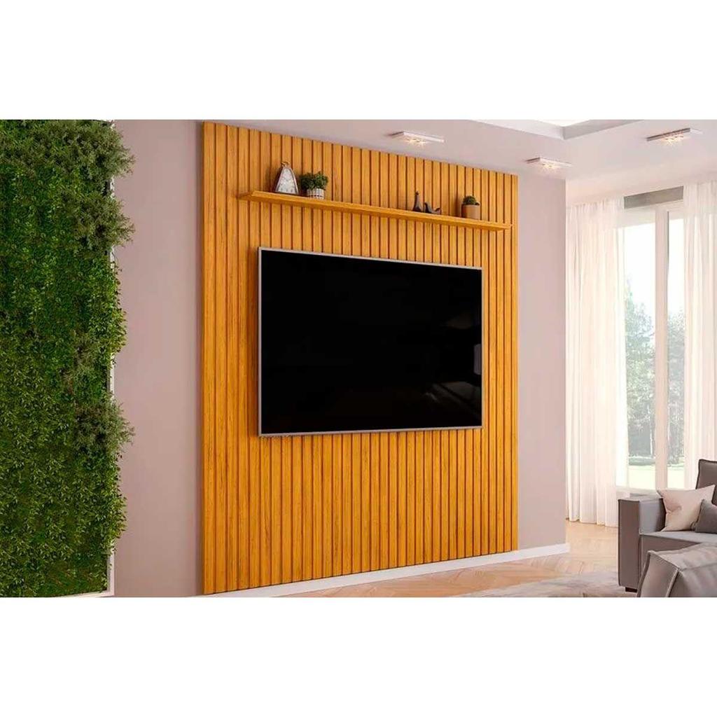 Painel Home p/ TV até 85 Pol Pratic Ripado c/ 1 Prateleira 250x240cm Cedro - DJ Móveis