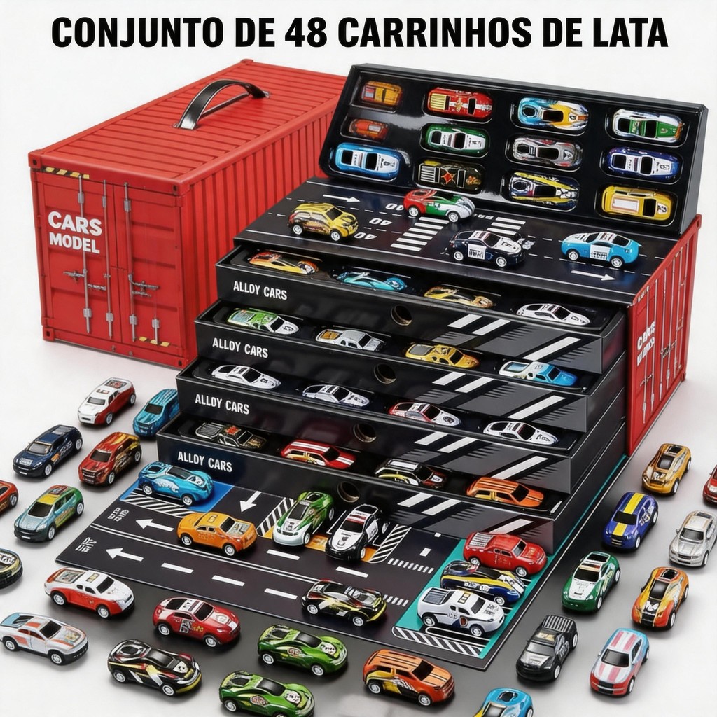 Kit 48 Carrinhos com Fricção de Lata Metálica Coloridos – Caixa Container que Vira Pista muito bom carrinho