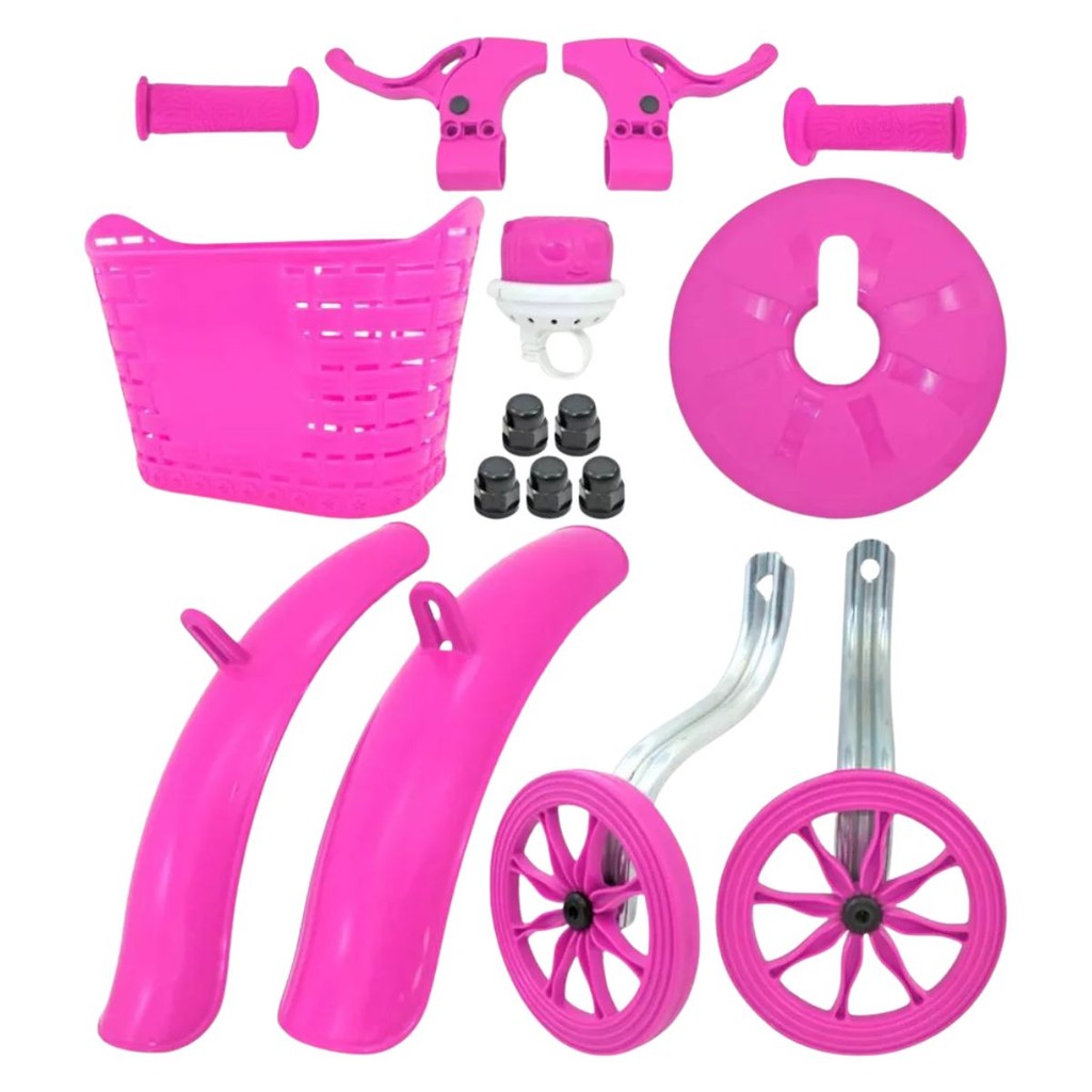 Kit Aro 16 Acessórios Montagem Bicicleta Infantil Criança Cestinha Buzina Rodinhas Feminina Masculino Rosa Roxo Preto
