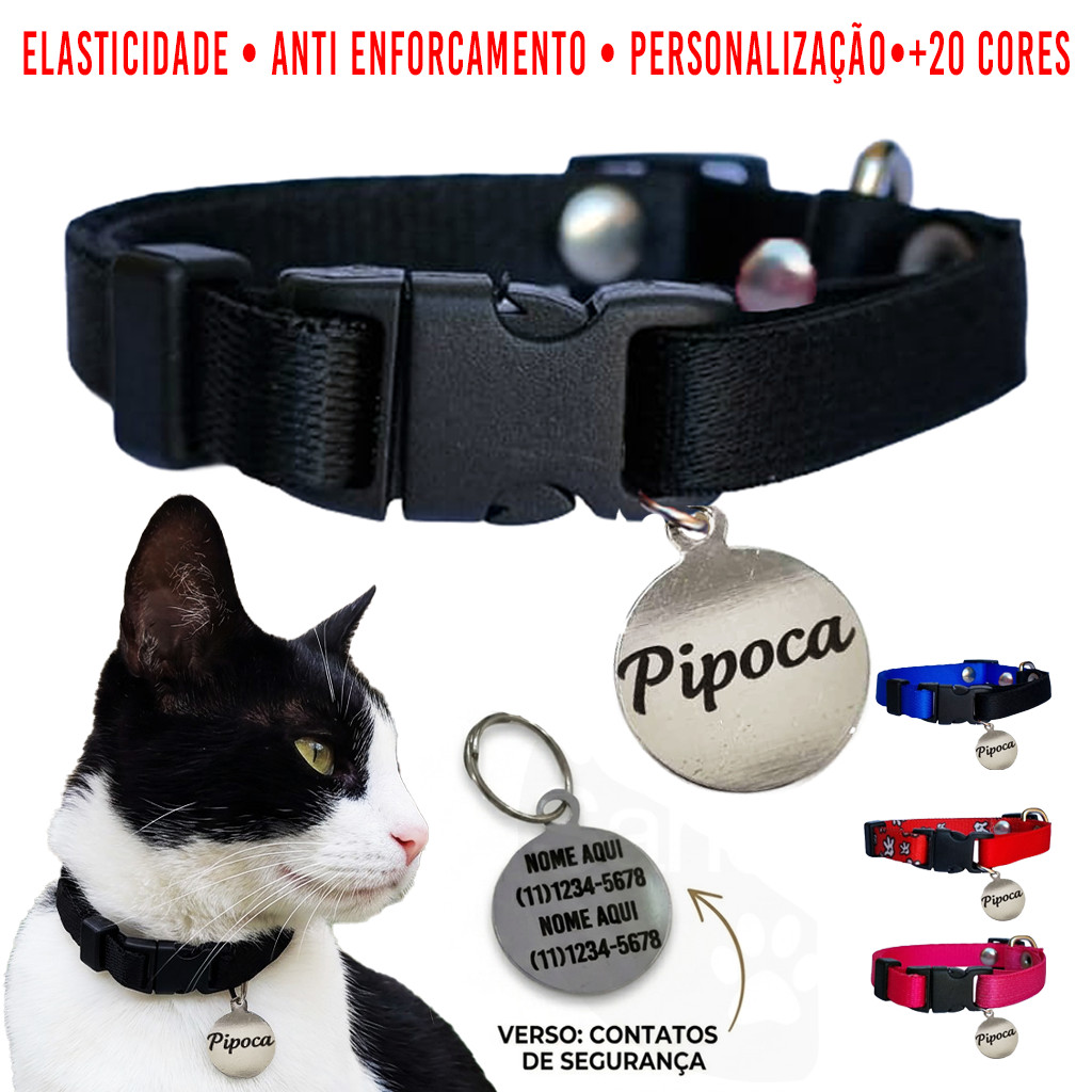 Coleira Para Gato Anti Enforcamento Elástico Premium Com Plaquinha de Identificação Nome e Telefone
