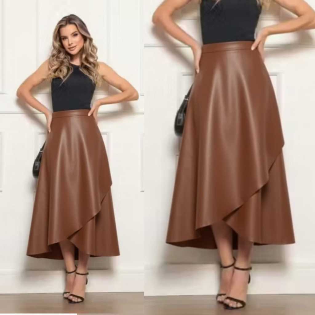 Saia Envelope de Couro Ecológico Premium - Minissaia Transpassada Cintura Alta Moda Blogueira