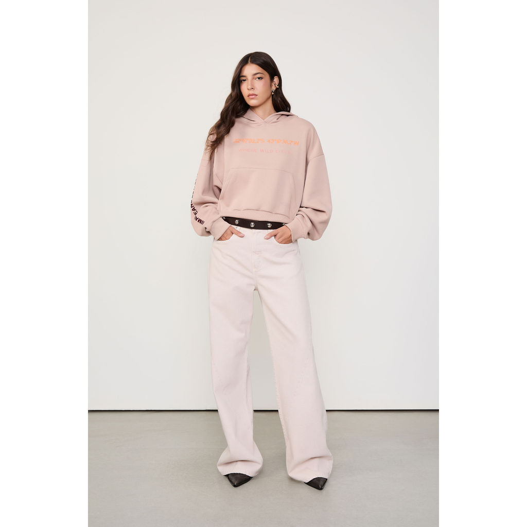 Calca Sarja Wide Leg Recorte Frente Rosa Aveia Animale Jeans