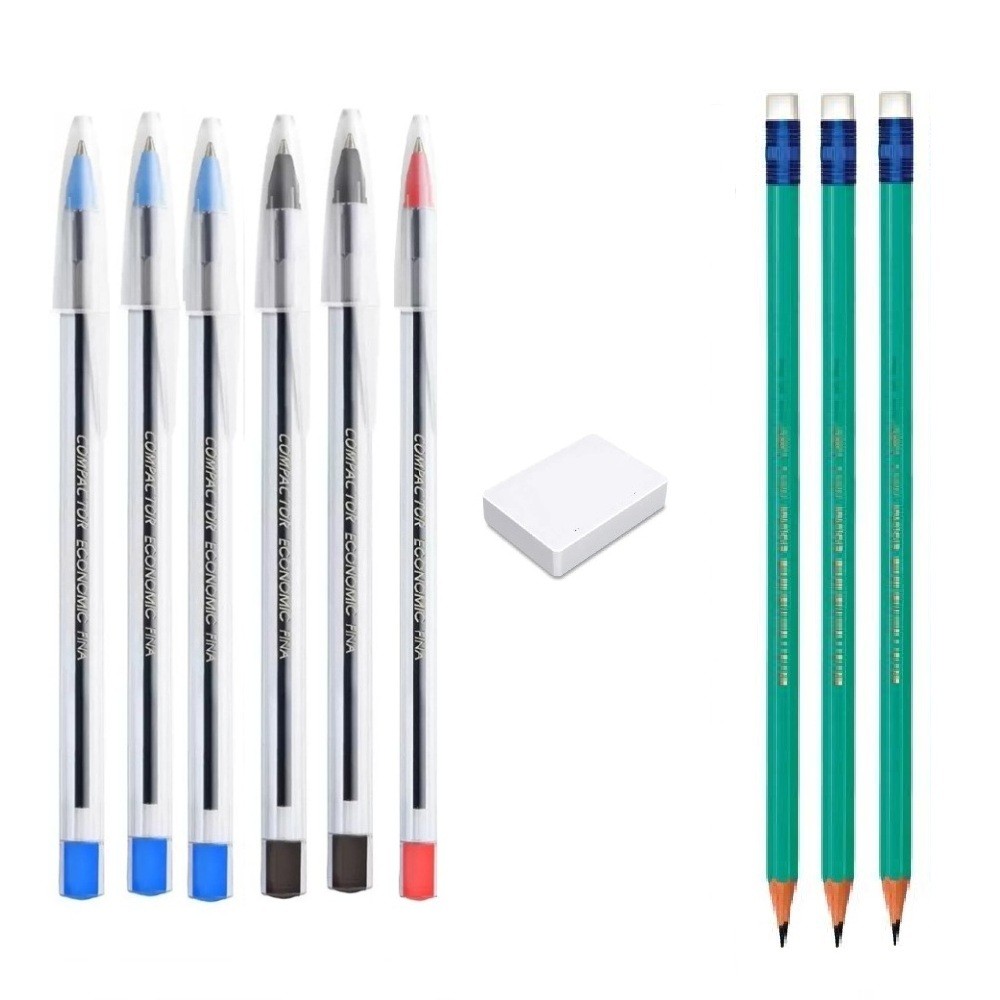 Kit Escolar 3 Lapis Bic c/borracha 1 Borracha e 6 Canetas Compactor Economic Fina