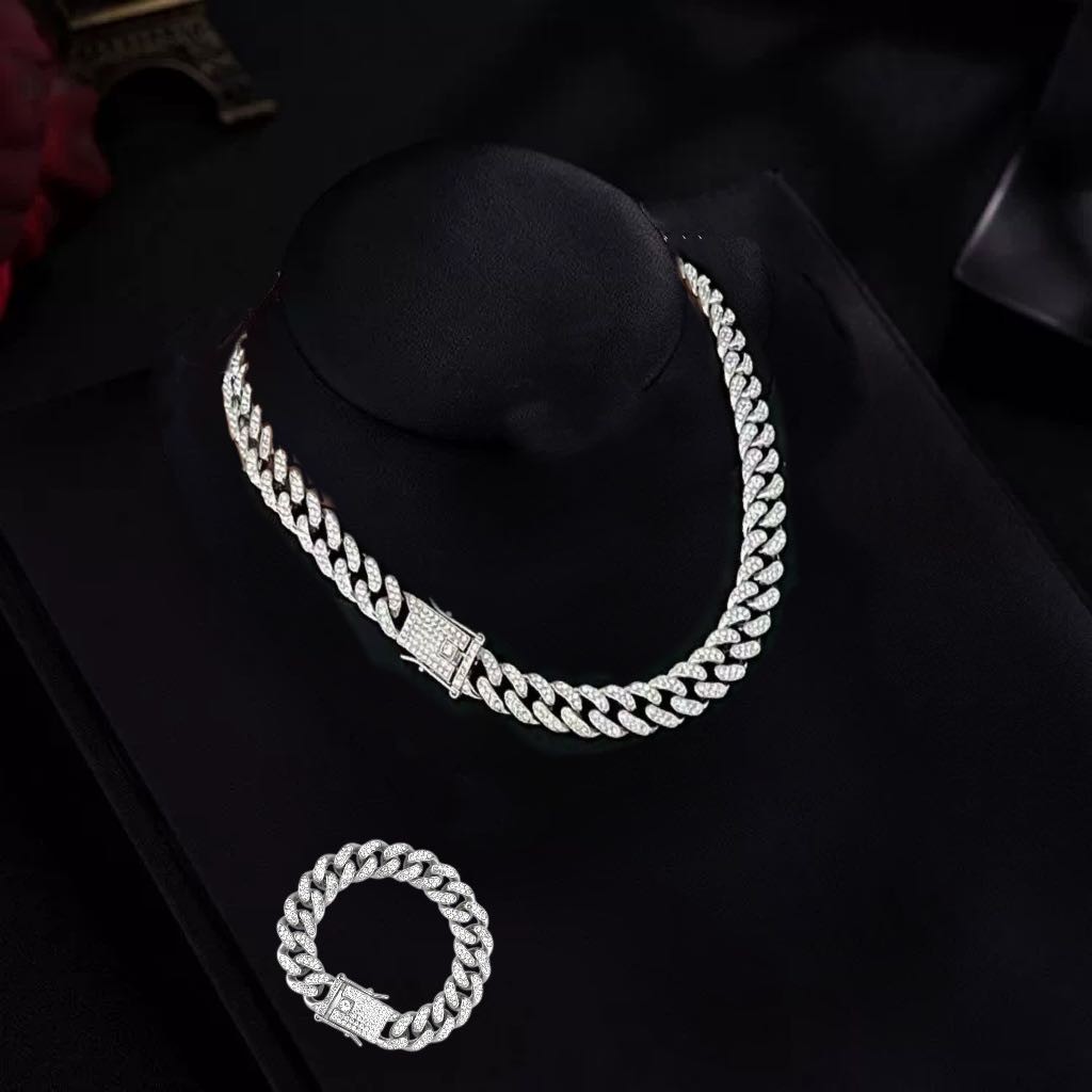 Conjunto de colar e pulseira cubano super brilhantes cravejados com diamantes corrente grossa hip-hop ideal para casais