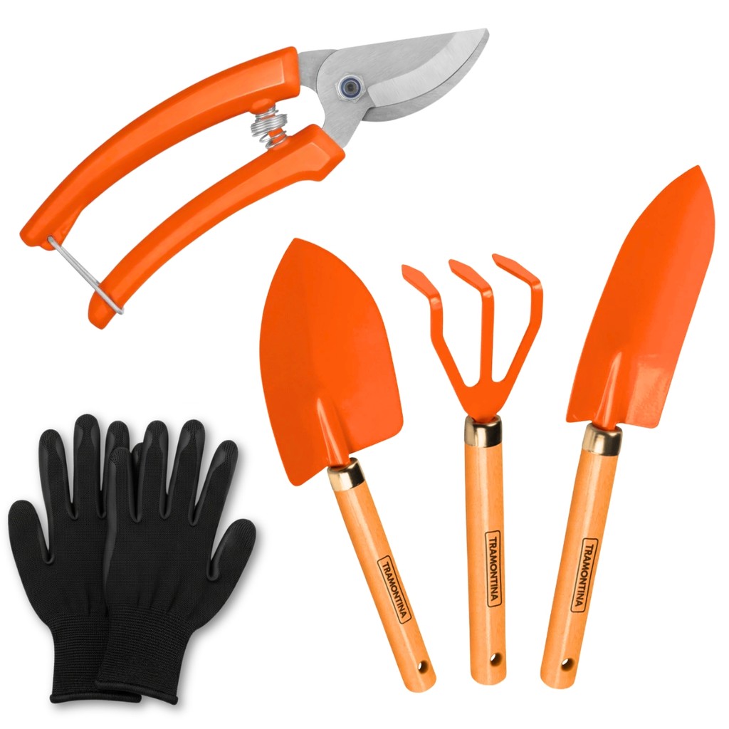 Kit Jardinagem 5pç Tramontina Tesoura Ancinho Luva +2 Pá