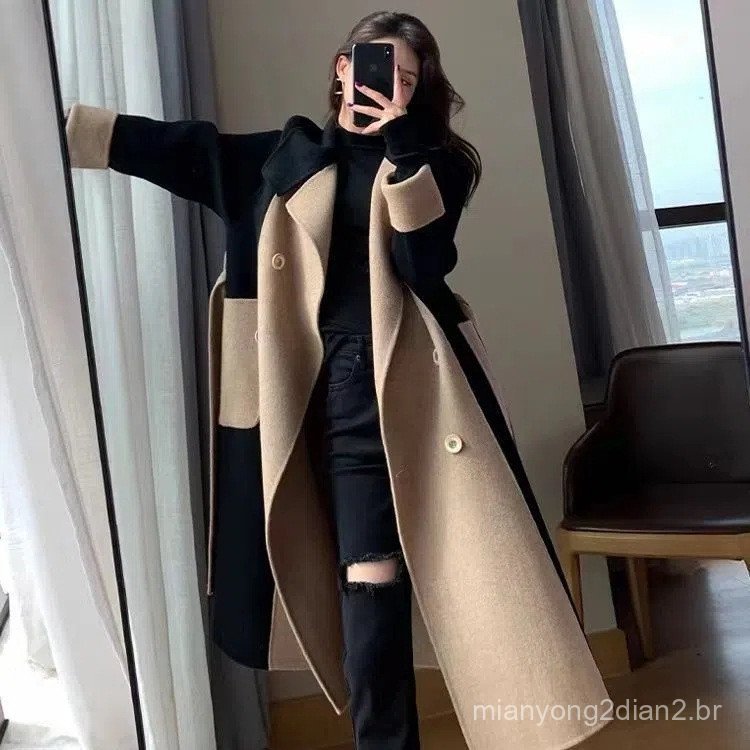 W inverno novo estilo solto tamanho grande cor combinando temperamento Hepburn estilo mais magro olhar jaqueta de lã fem