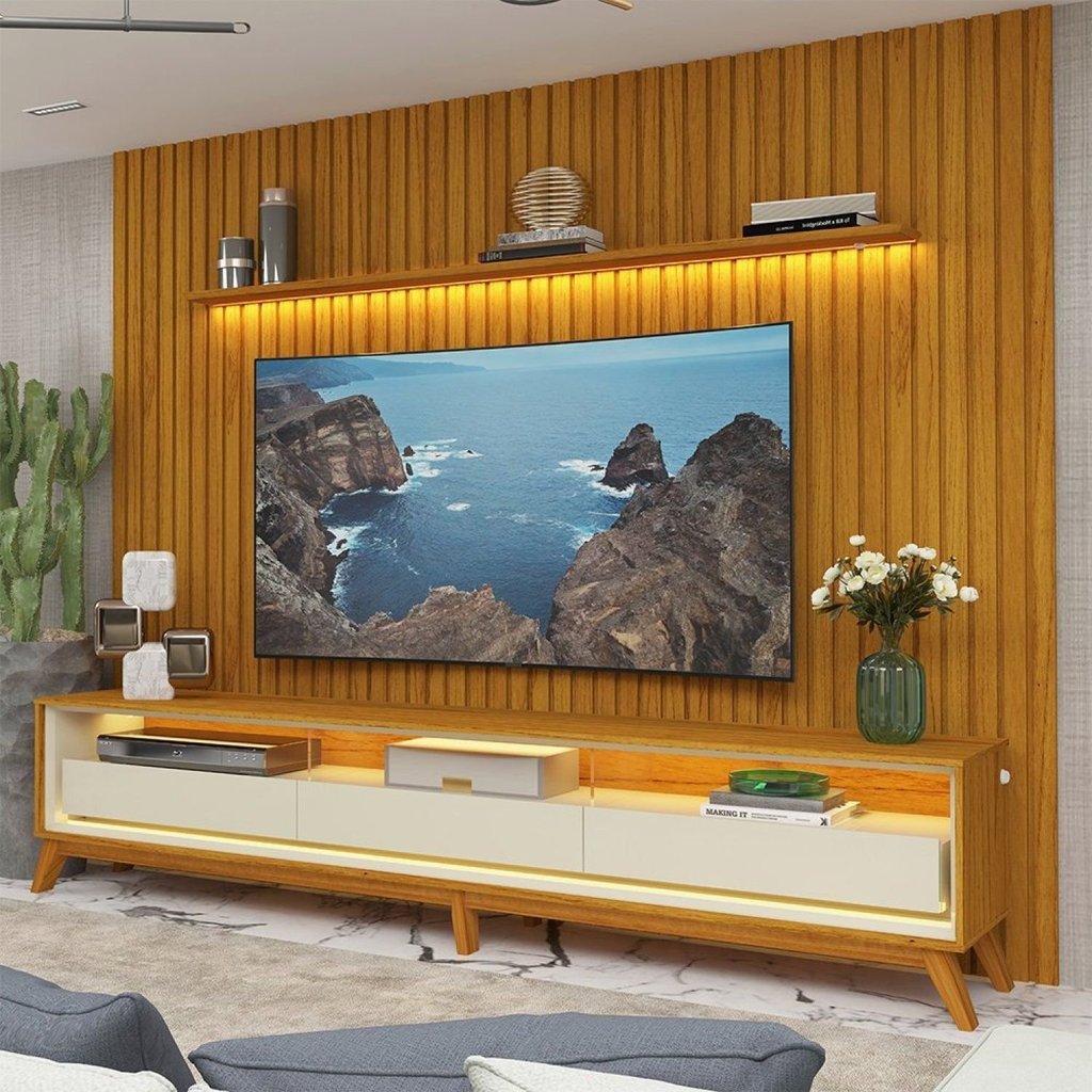 Rack com Painel Ripado para TV até 90 Polegadas com LED 100% MDF 260cmx308cm Pés em Madeira Maciça 3 Gavetas Nobre
