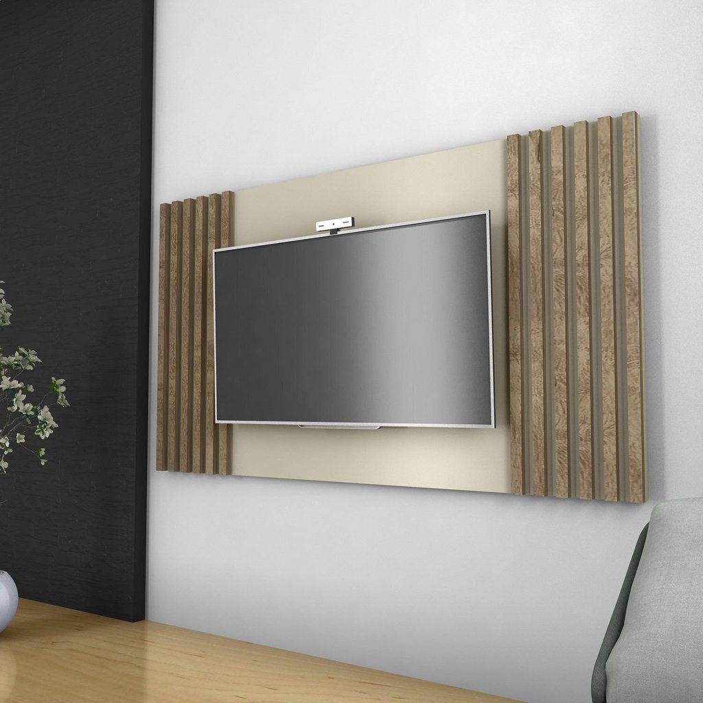 Painel Ripado para TV até 50 Polegadas 160cmx90cm Dallas Bege Off White/Canela Off White/Canela