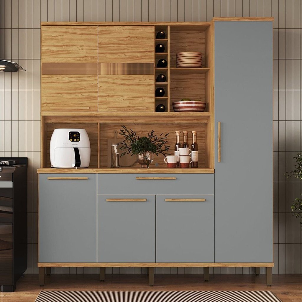 Armário de Cozinha Compacta 6 Portas 1 Gaveta e Mini Adega 178cm 100% MDF Suécia Espresso Móveis Amêndoa/Cinza
