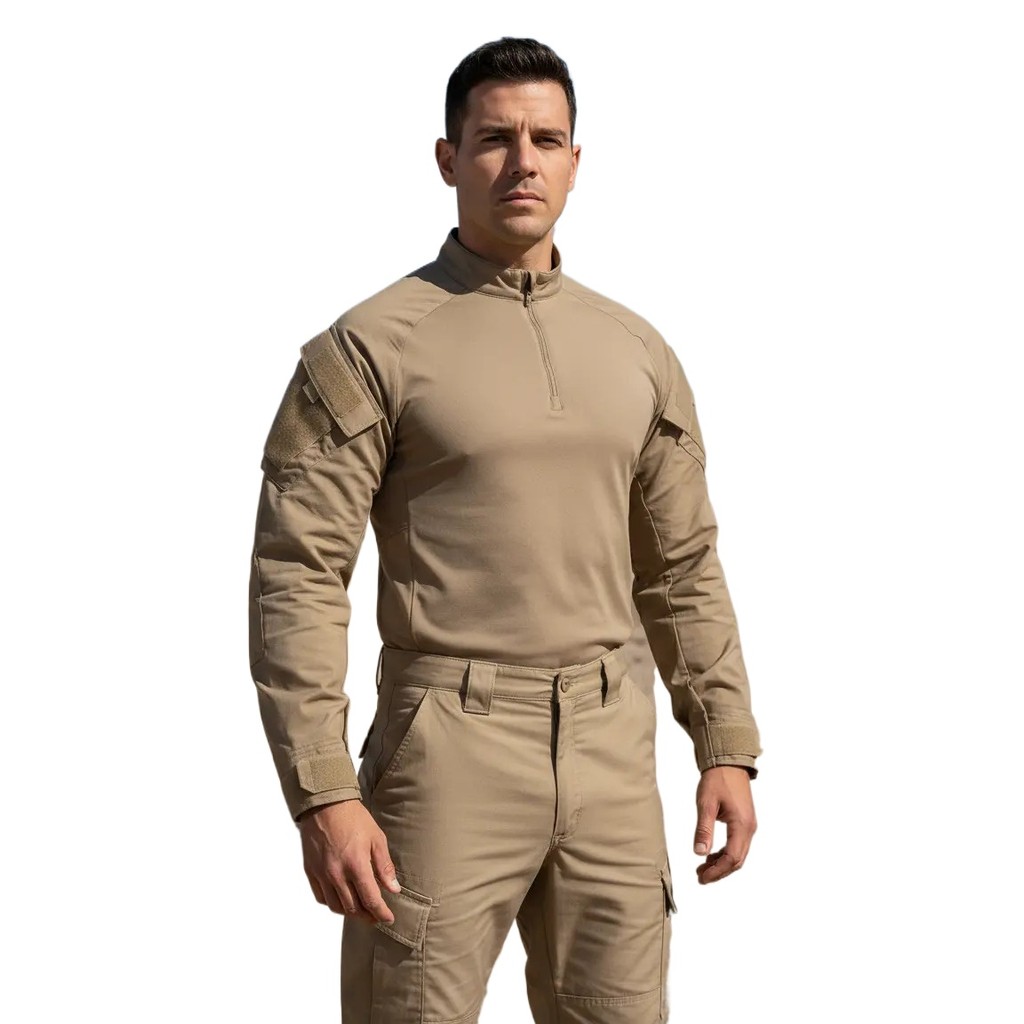 Uniforme Profissional Masculino Adulto  Farda Caqui Calça Cargo Tática 6 Bolsos + Combat Shirt Caqui Fardamento