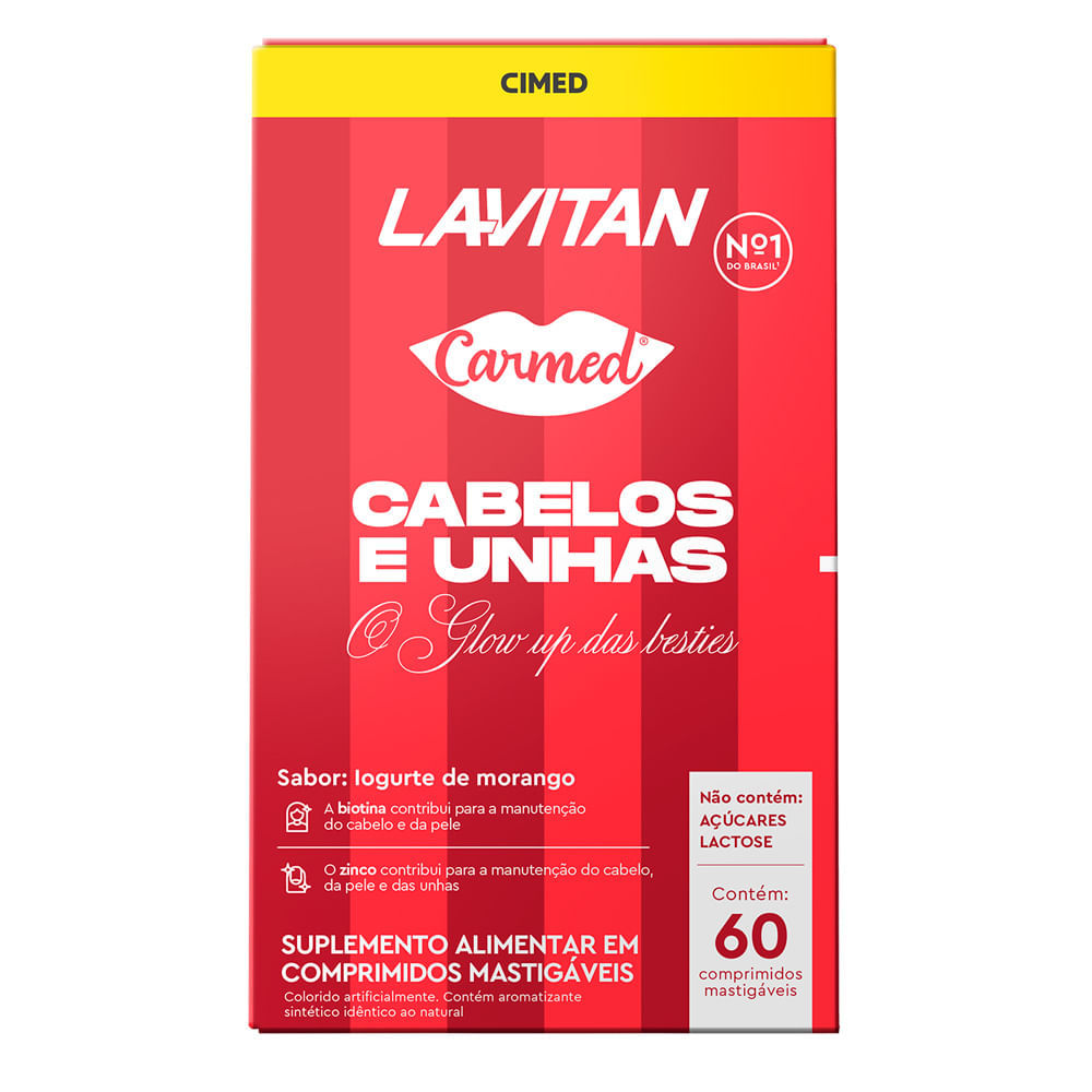 Lavitan Carmed O Glow Up Das Besties Cabelos e Unhas Sabor Iogurte de Morango 60 Comprimidos Mastigáveis