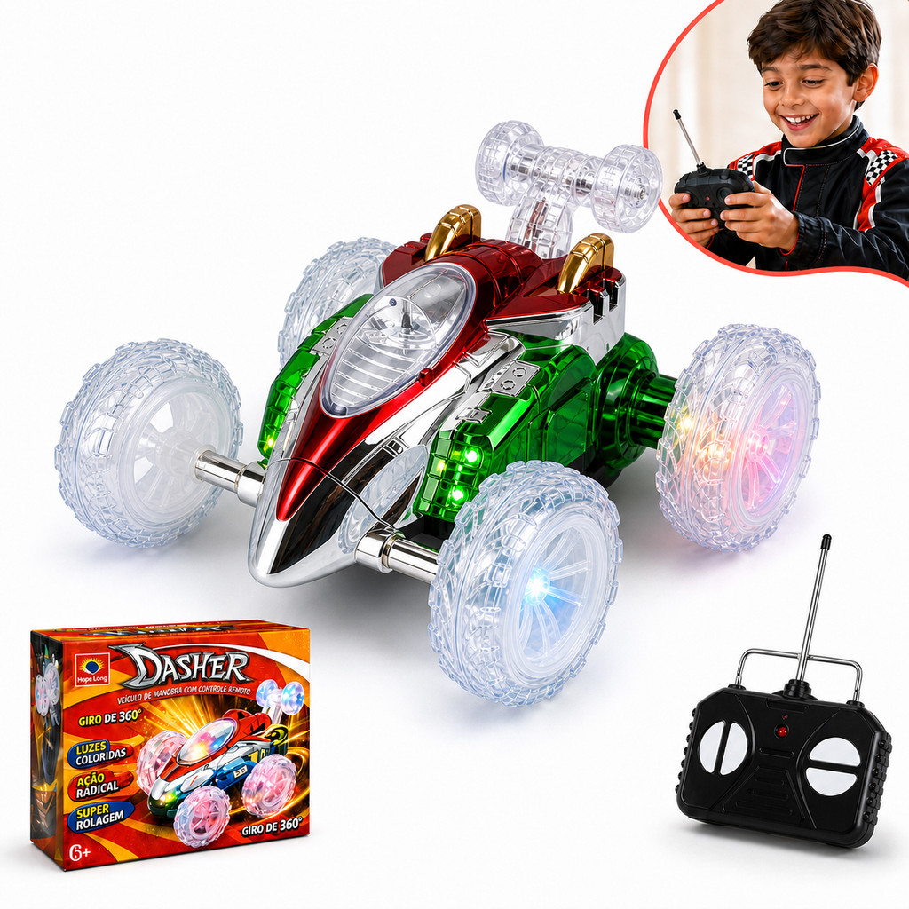 Carrinho de Controle Remoto Maluco Doido Com Luzes Manobras Gira 360 Graus Infan