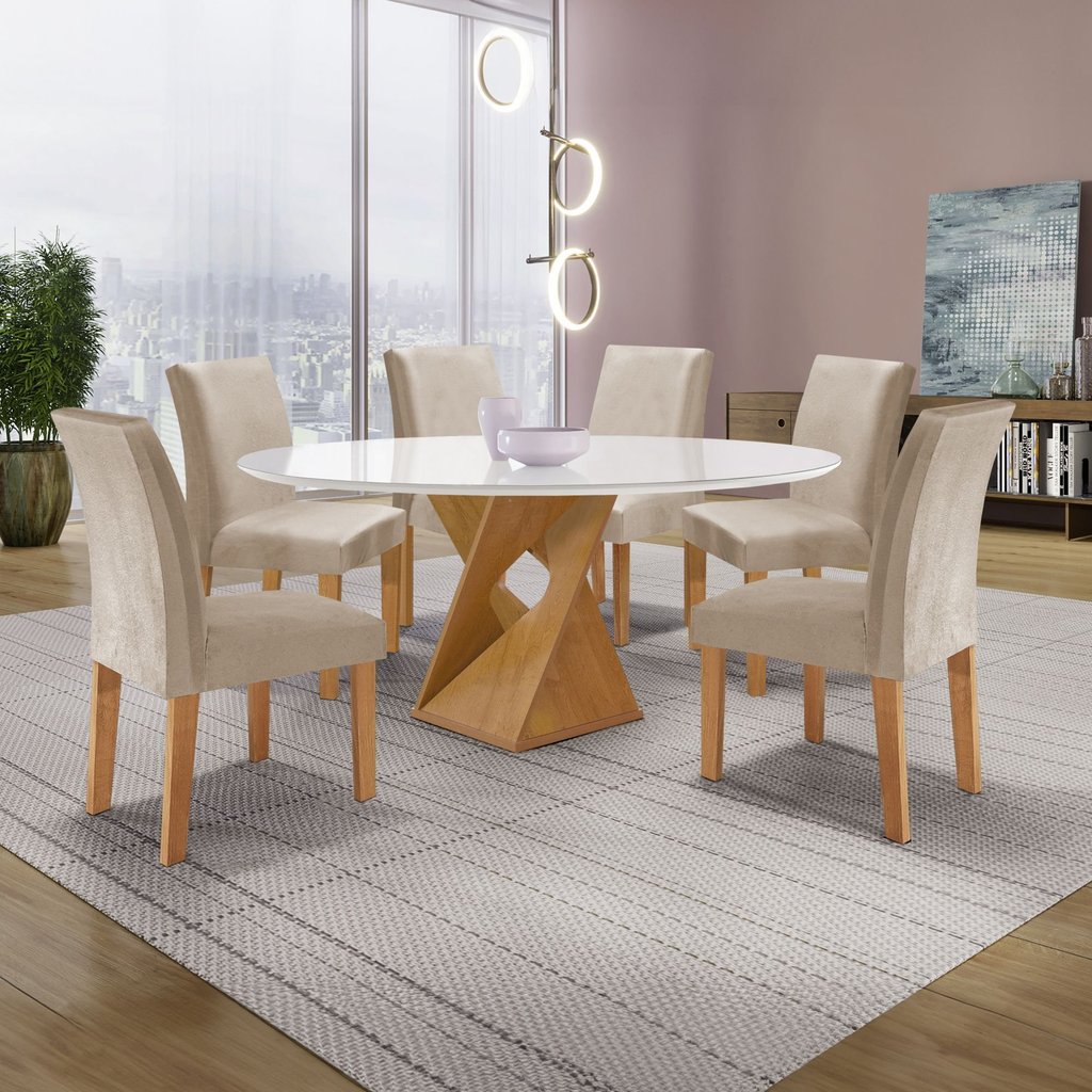 Conjunto Mesa Barcelona 120cm com 6 Cadeiras Espanha Tampo Plus Redondo Vidro Yescasa Cinamomo/Off White/Veludo Bege