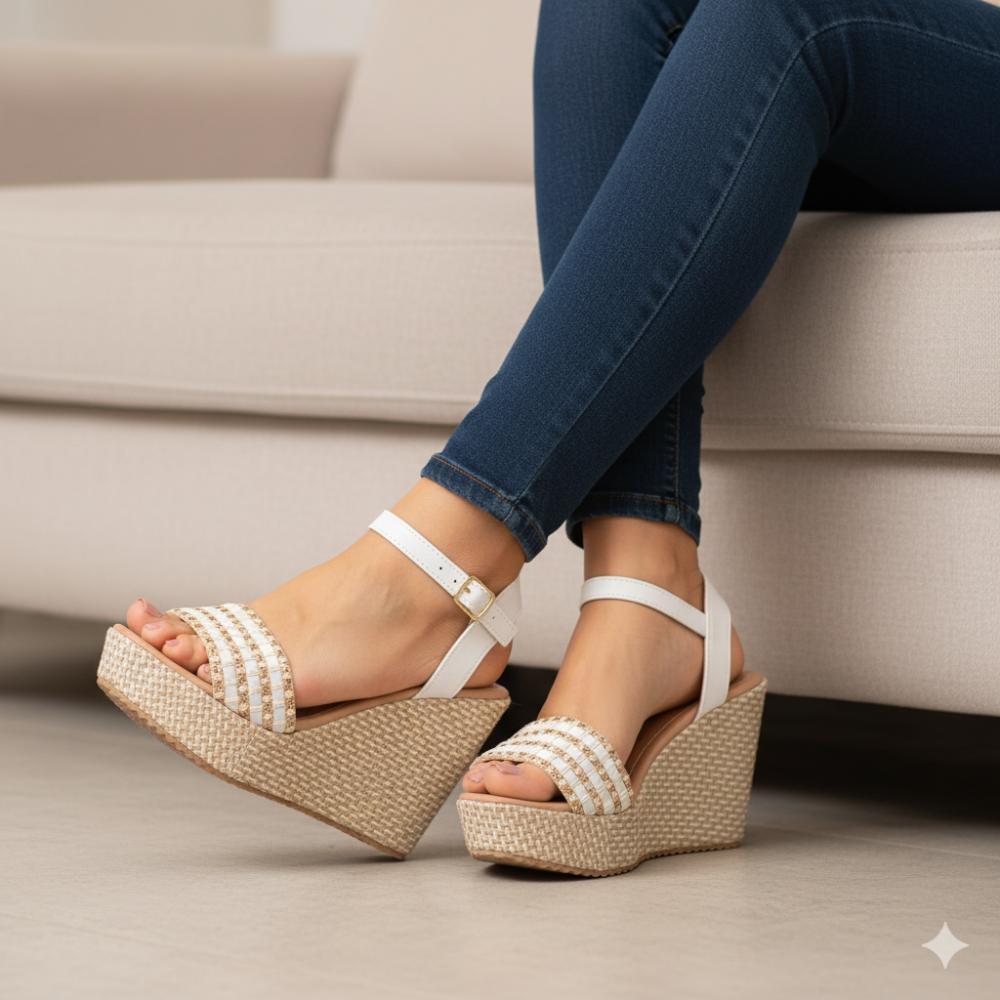 Sandália Anabela Listrada Salto Feminino 10cm Confortável Casual Elegante com Solado Antiderrapante