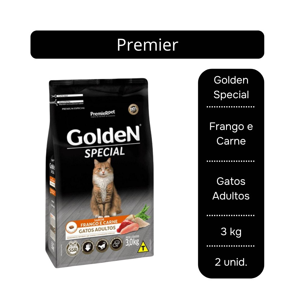 Ração Golden Special Frango e Carne para Gatos Adultos 3kg - 2 Unid.
