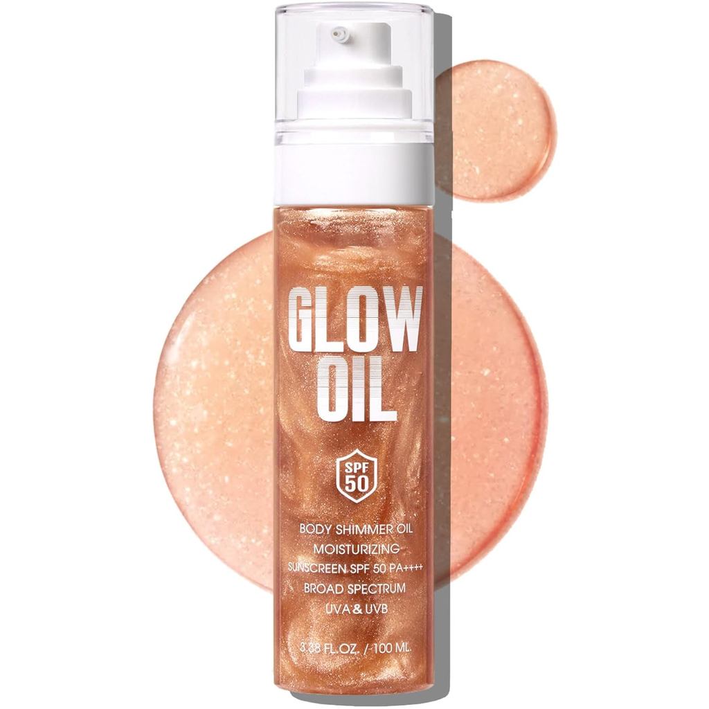 Óleo Corporal Iluminador, Protetor Solar Corporal com Brilho e Glitter, FPS 50 de Amplo Espectro, com Mica e Lantejoulas