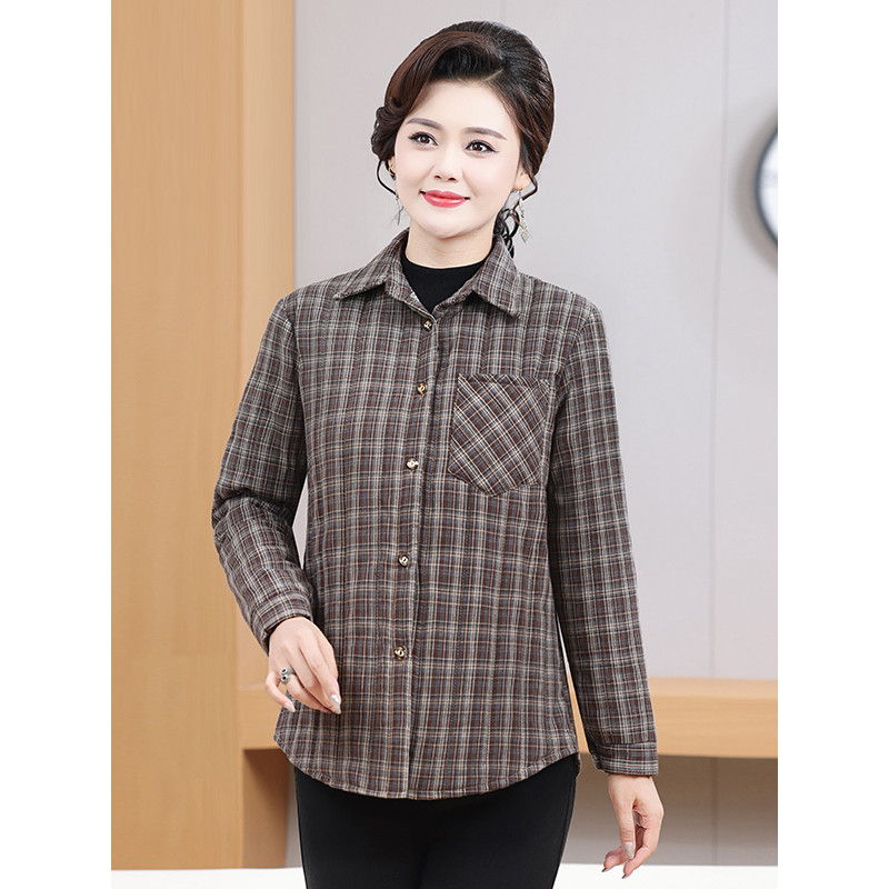 Roupas femininas idosas de meia-idade Roupas da mãe Camisa xadrez Casual Roupas de primavera outono Moda acolchoada Cami