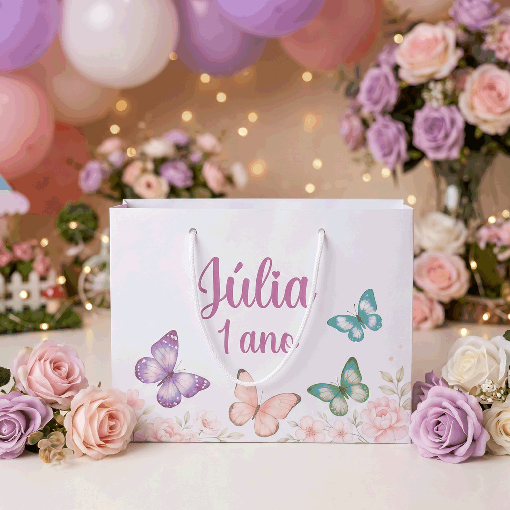 Sacolinha G para Festa de aniversário - Tema Borboletas Personalizada com NOME E IDADE - Lembrancinha - Pegue e monte