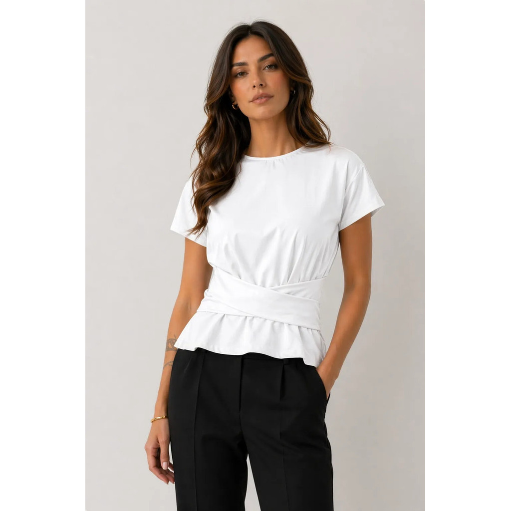 Blusa Feminina Manga Curta Com Faixa Na Cintura Em Algodão