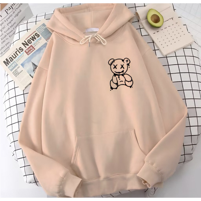 Blusa Moletom Canguru Feminino Unissex Flanelado Algodão Estampado Capuz Inverno Preto Urso45