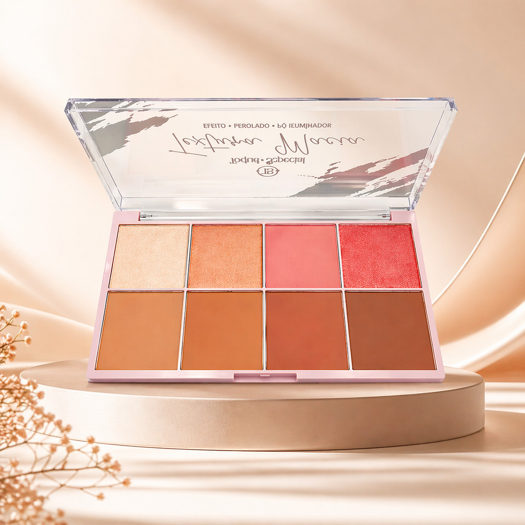 Paleta 8 Cores Blush Contorno Iluminador Toque Especial – Longa Duração, Alta Pigmentação