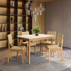 Conjunto Sala de Jantar Nara Kappesberg em Madeira Maciça com 4 Cadeiras Boucle Bege
