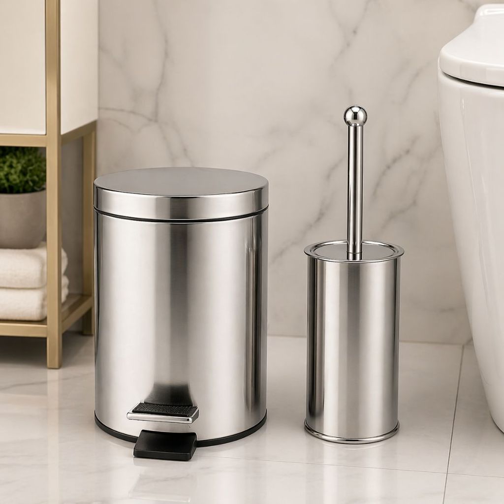 Kit Lixeira 5L + Escova Sanitária P/ Banheiro Luxo Chique Premium Inox Durável - Vencedor