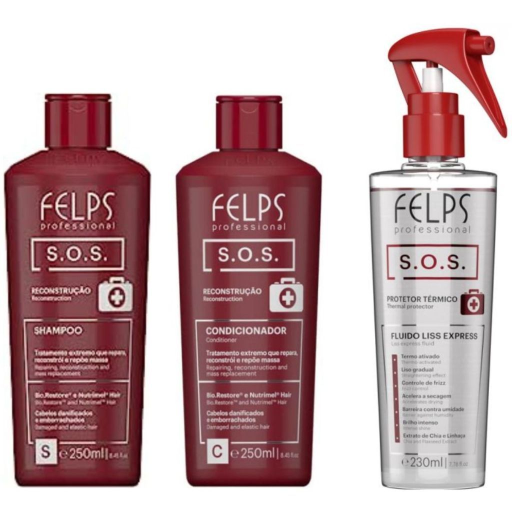 Kit SOS Shampoo 250ml + Condicionador 250ml + Liss Express 230ml Felps - Reconstrução Capilar