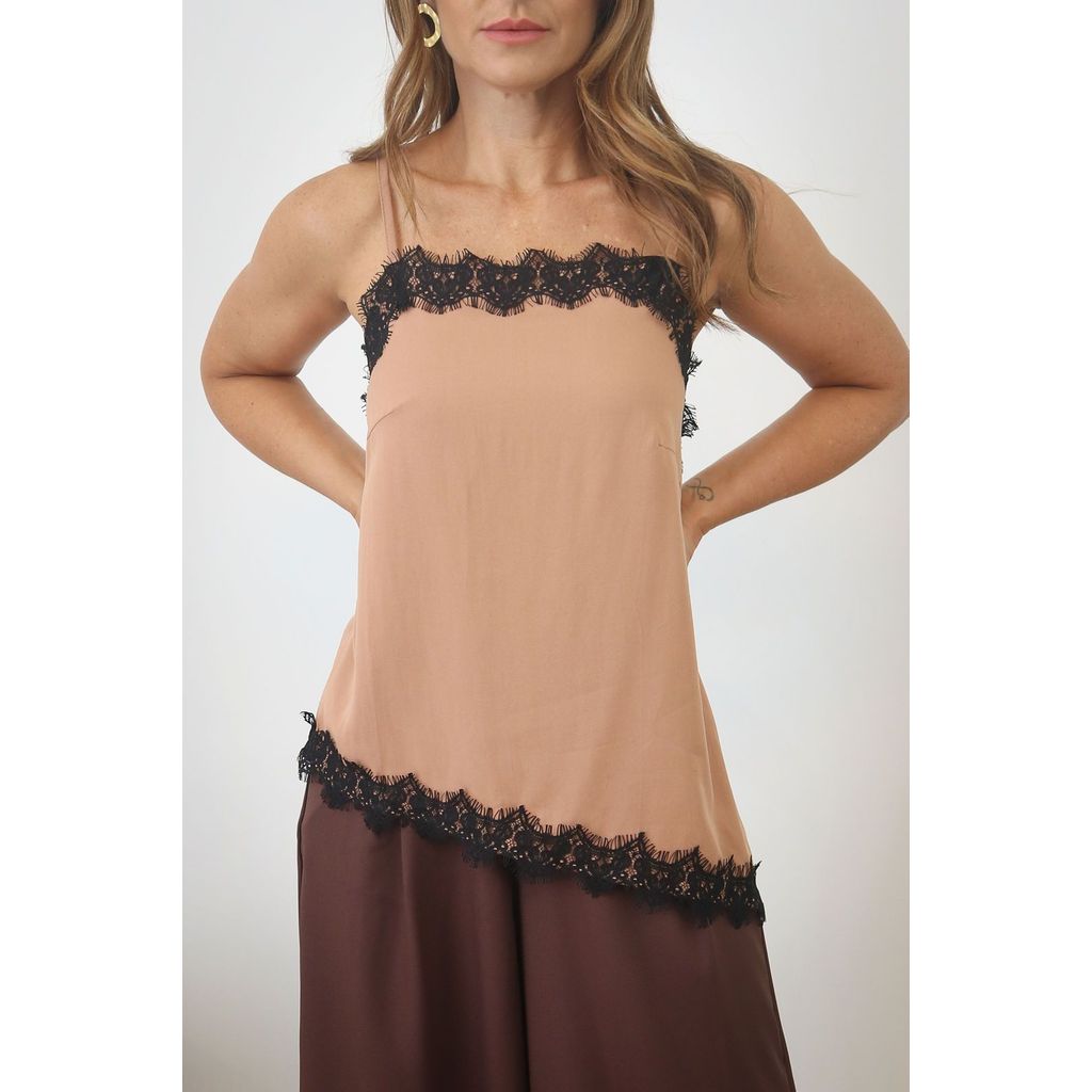 Blusa de Alças com Renda Tecido Plano Viscose  - Mocca